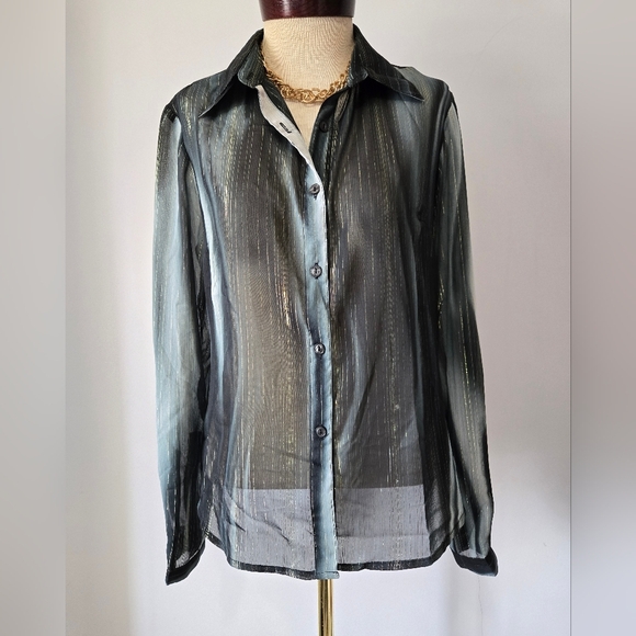 Ninety Sheer Black, Teal And Metallic Gold Blouse. Size Medium - Picture 2 of 11